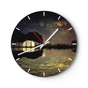 Relógio de parede - Relógio em vidro - Paisagem com lago, árvores e céu estrelado à noite - 30x30cm - Uma noite no Fim do Mundo - Decoração de parede moderna para a sala de estar, cozinha e quarto ARTTOR