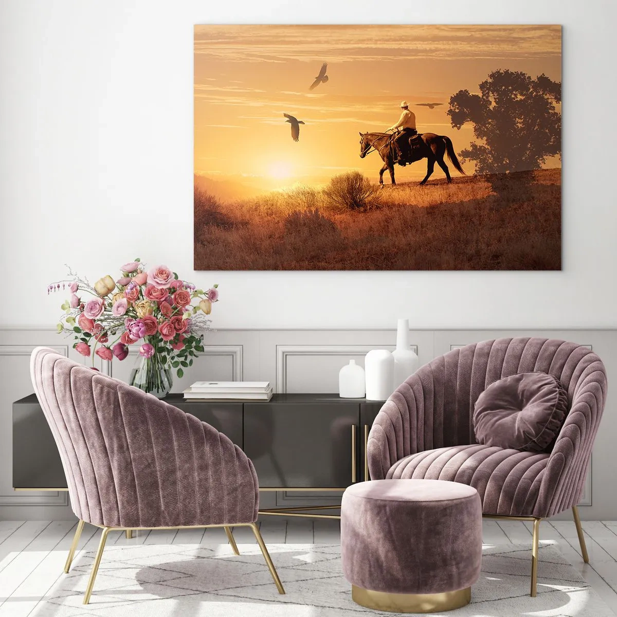 Quadro em vidro - Sozinho pela pradaria - 70x50cm - Sozinho em toda a pradaria - Decoração de parede moderna para a sala de estar e quarto ARTTOR