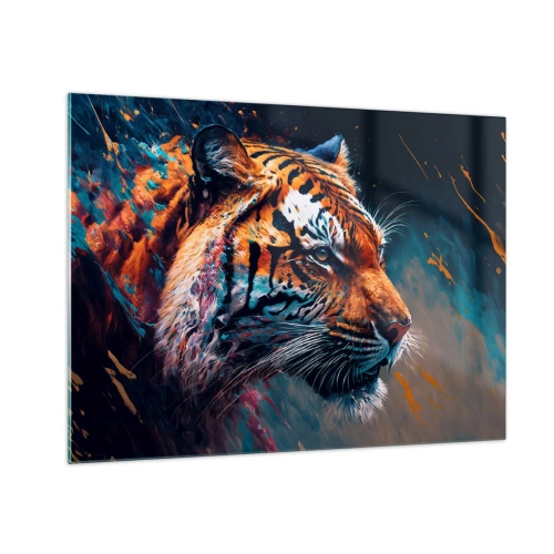 Quadro em vidro - Retrato de um tigre em uma explosão artística de cores - 70x50cm - Beleza selvagem - Decoração de parede moderna para a sala de estar e quarto ARTTOR