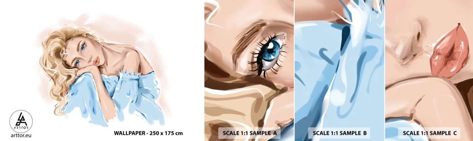 Amostra de Papel de Parede Standard Eco - Sonhadora em azul - Mulher, Moda, Gráficos - 100x30 cm