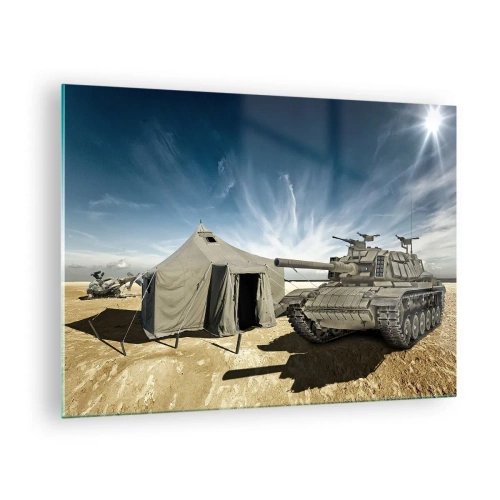 Quadro em vidro - Um tanque e uma tenda em um fundo desértico sob um céu azul - 70x50cm - Sonho militar - Decoração de parede moderna para a sala de estar e quarto ARTTOR