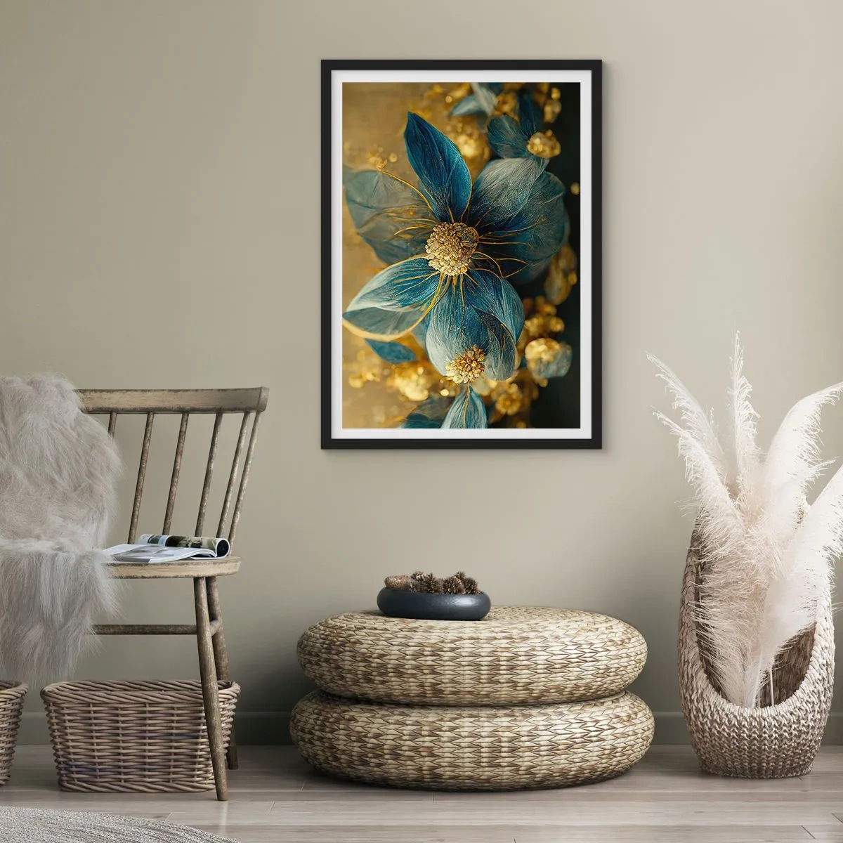 Pôster com moldura preta - Flores douradas e azul-marinho em uma composição elegante - 50x70cm - Florescer com ouro - Decoração de parede moderna para a sala de estar e quarto ARTTOR