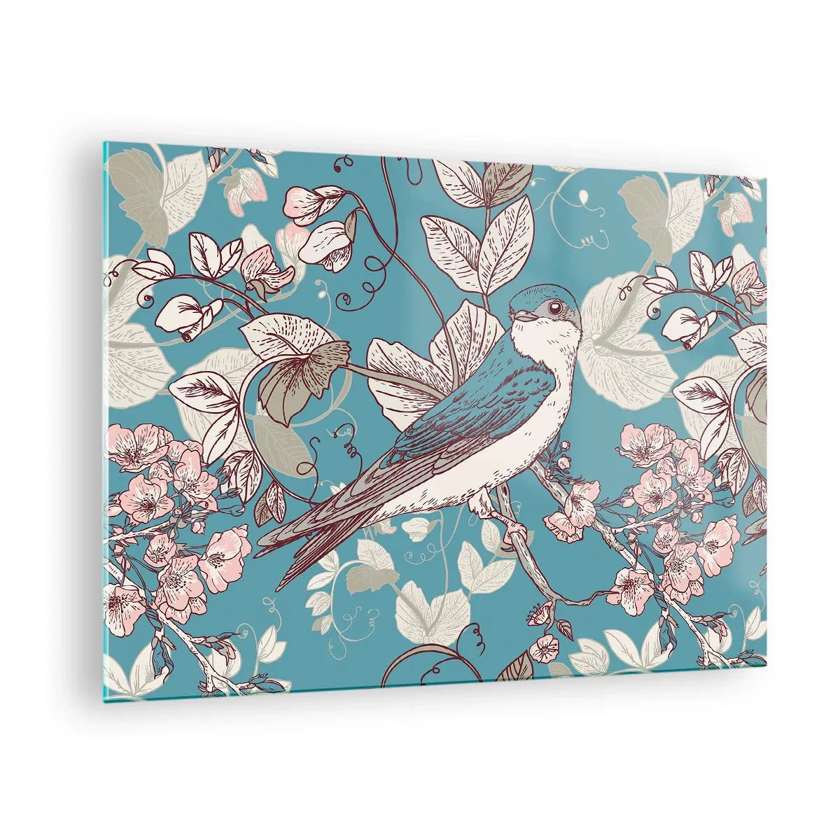 Quadro em vidro - Um pássaro em um galho entre flores em um fundo turquesa - 70x50cm - Cantos no choupo-branco - Decoração de parede moderna para a sala de estar e quarto ARTTOR