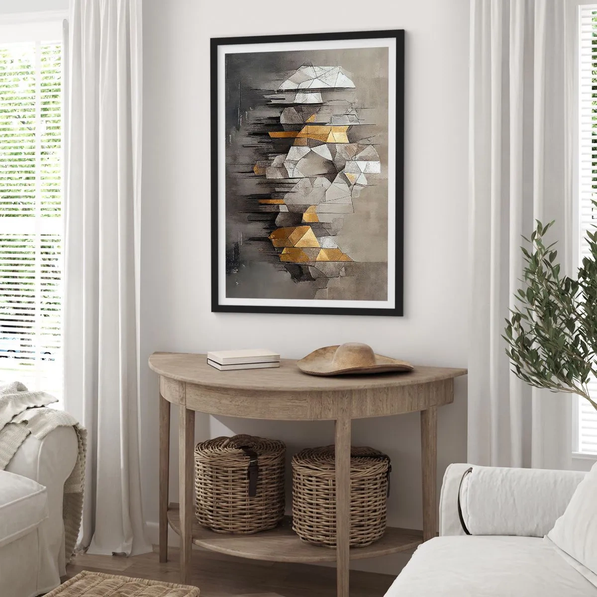 Pôster com moldura preta - Abstração geométrica em tons de cinza e dourado - 50x70cm - Composição de gelo e luz - Decoração de parede moderna para a sala de estar e quarto ARTTOR
