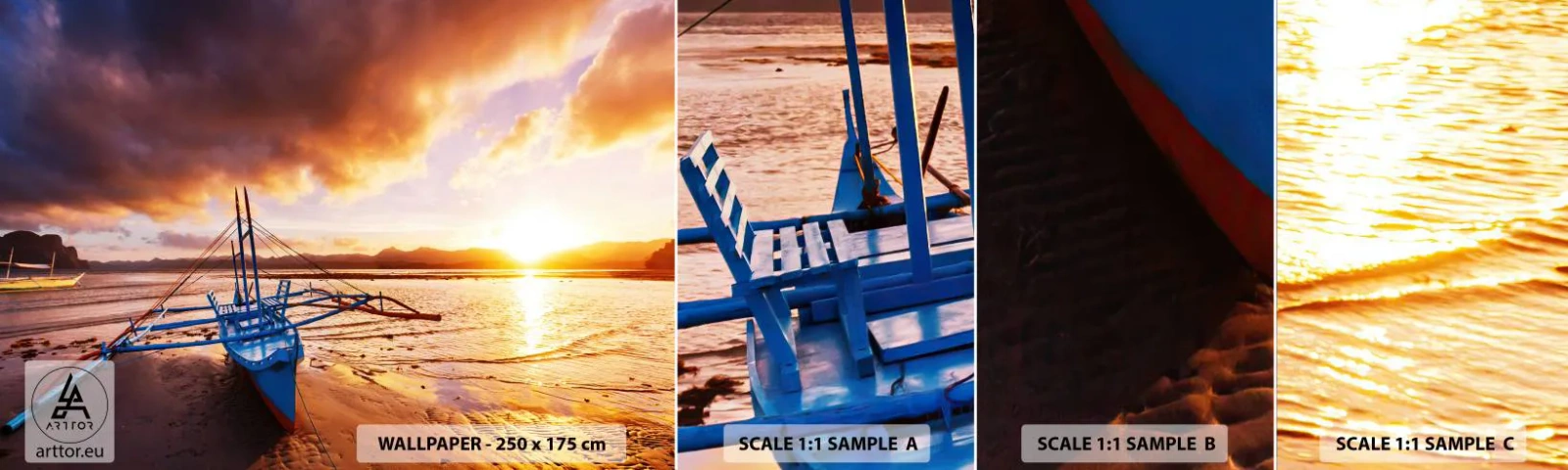 Amostra de Papel de Parede Standard Eco - Esticar-se na areia após um longo dia - Paisagem, Mar, Barco de pesca - 100x30 cm