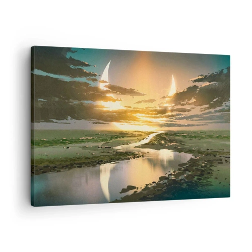 Quadro em tela - Uma paisagem fantástica com duas luas no horizonte - 70x50cm - Algures numa galáxia muito, muito distante - Decoração de parede moderna para a sala de estar e quarto ARTTOR