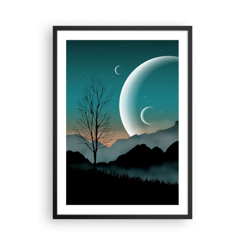 Pôster com moldura preta - Paisagem artística com a lua tendo como pano de fundo montanhas e árvores - 50x70cm - Carnaval de uma noite estrelada - Decoração de parede moderna para a sala de estar e quarto ARTTOR