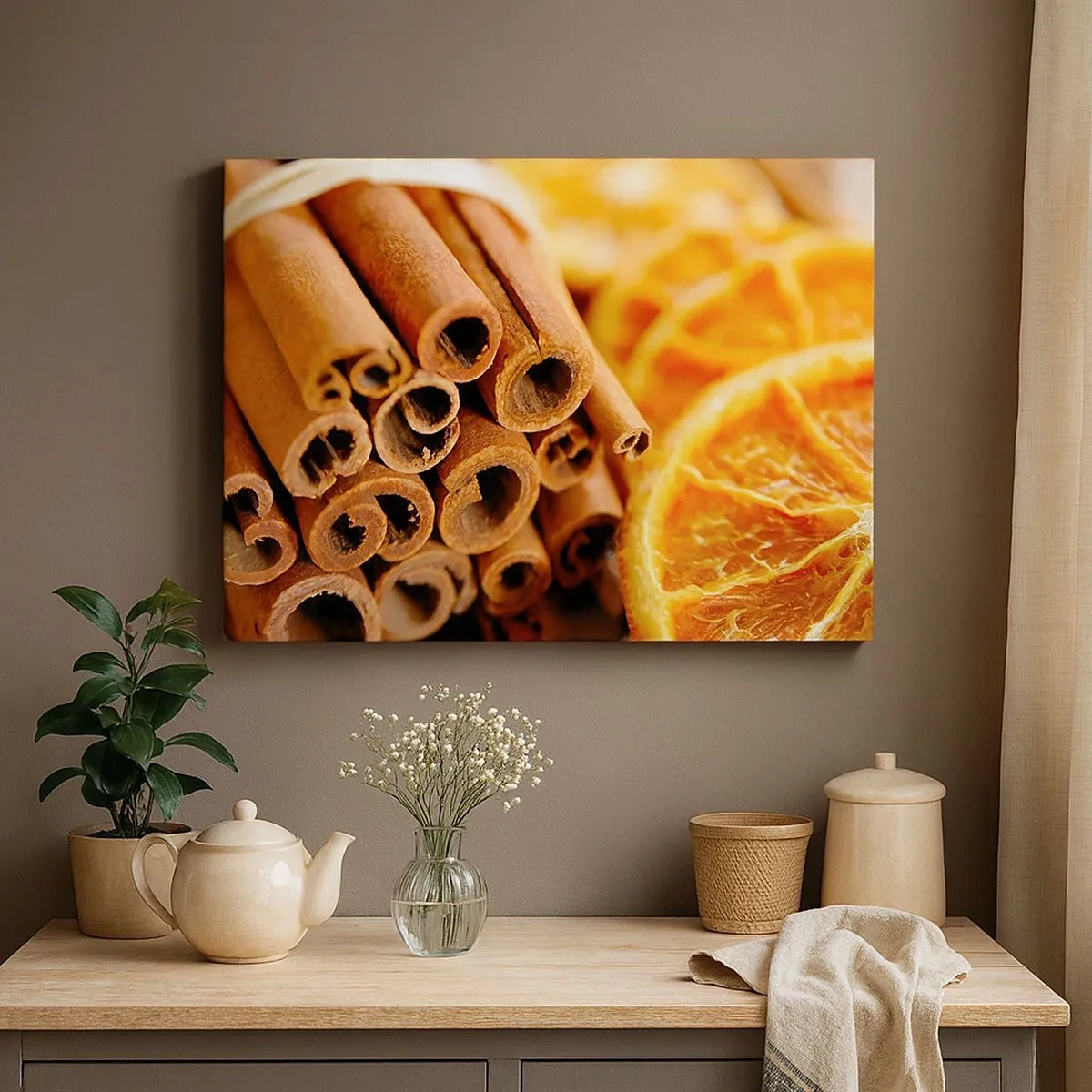 Quadro em tela - Paus de canela com fatias de laranja secas em cores quentes - 70x50cm - Sente o cheiro? - Decoração de parede moderna para a sala de estar e quarto ARTTOR
