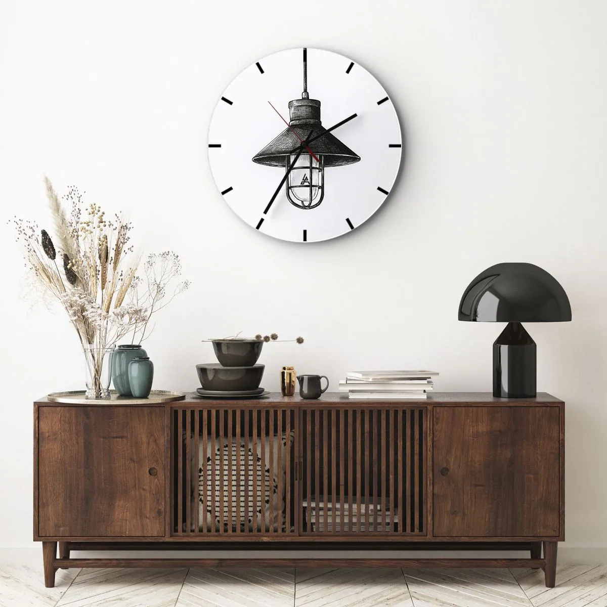 Relógio de parede - Relógio em vidro - Luminária pendente industrial preta sobre fundo branco - 30x30cm - Como antigamente… - Decoração de parede moderna para a sala de estar, cozinha e quarto ARTTOR