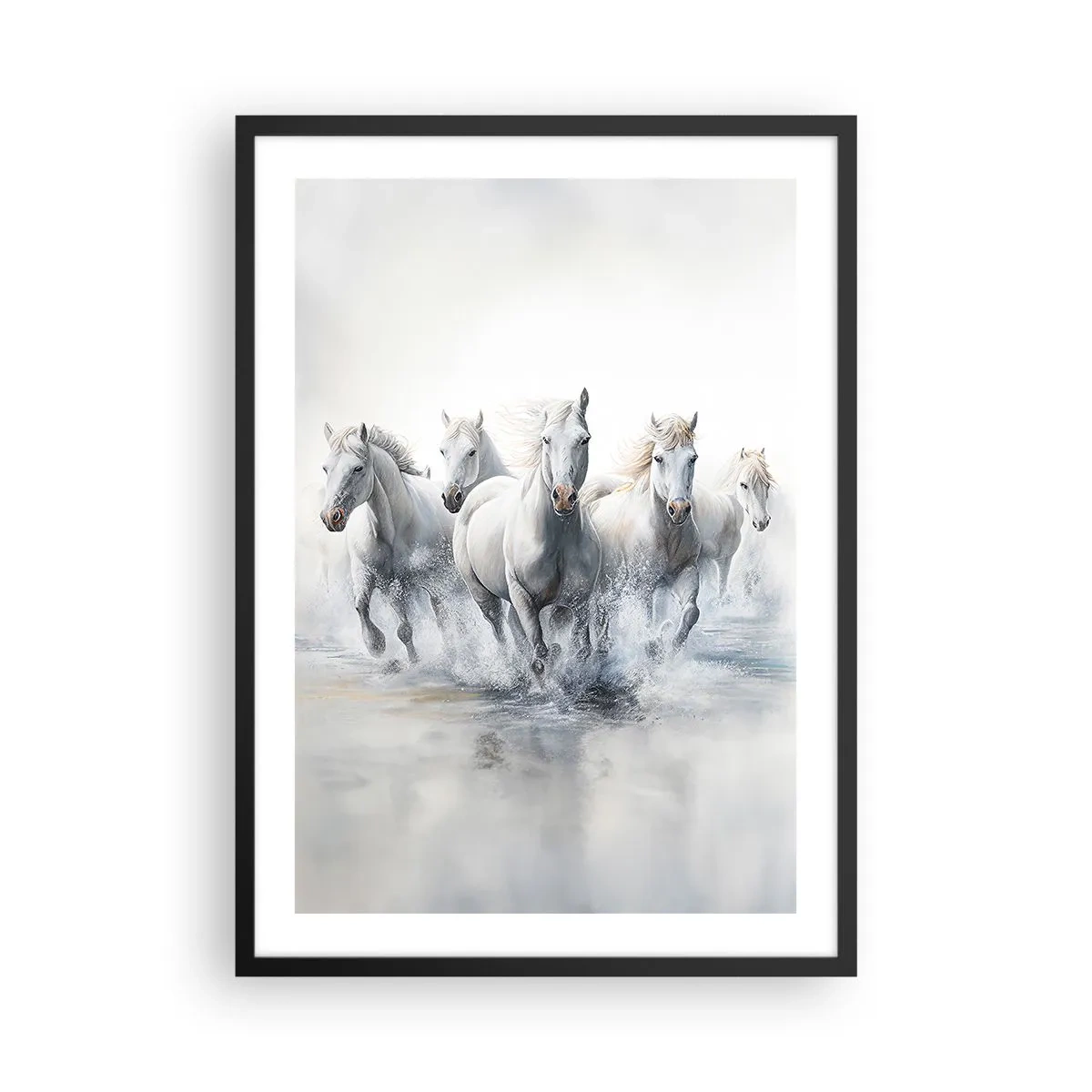 Pôster com moldura preta - Cavalos brancos galopando pela água em um ambiente dinâmico - 50x70cm - Magia branca - Decoração de parede moderna para a sala de estar e quarto ARTTOR