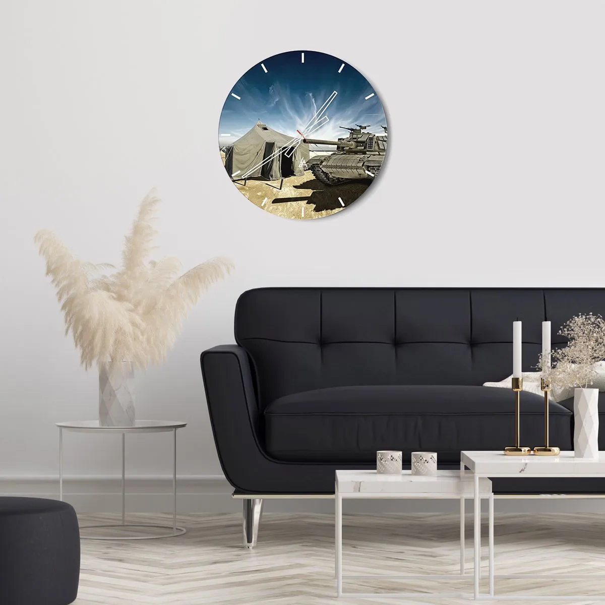 Relógio de parede - Relógio em vidro - Um tanque e uma tenda contra um céu azul - 30x30cm - Sonho militar - Decoração de parede moderna para a sala de estar, cozinha e quarto ARTTOR