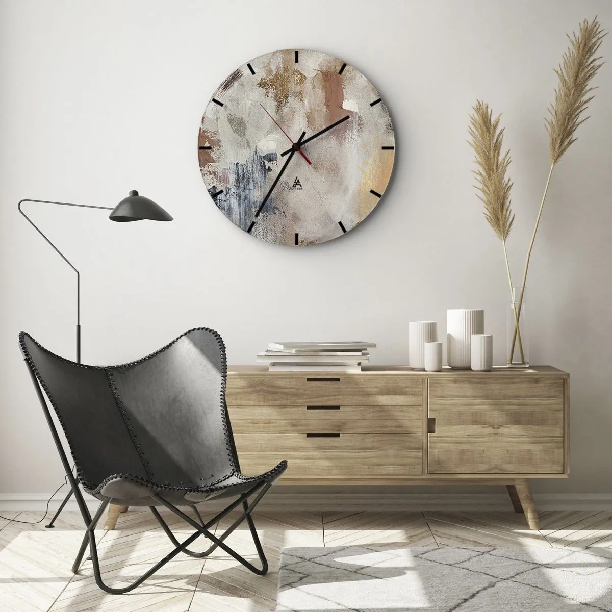 Relógio de parede - Relógio em vidro - Abstração bege e marrom com delicadas pinceladas de tinta - 30x30cm - Abstração enevoada - Decoração de parede moderna para a sala de estar, cozinha e quarto ARTTOR
