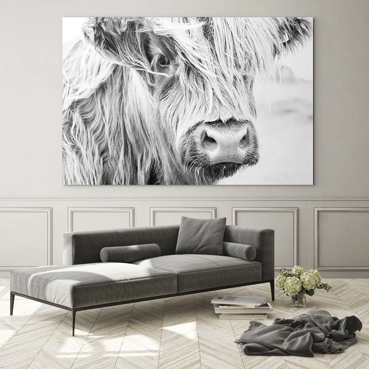 Quadro em vidro - Close-up de um gado escocês de pelo longo em preto e branco - 70x50cm - Natureza selvagem escocesa - Decoração de parede moderna para a sala de estar e quarto ARTTOR