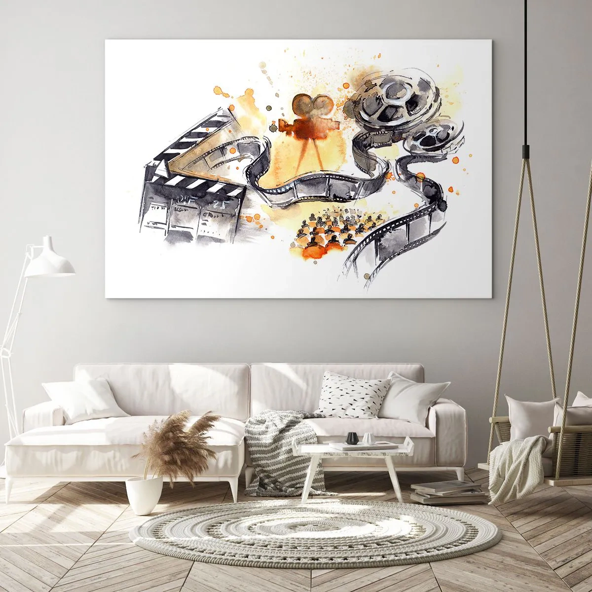 Quadro em vidro - Tira de filme e câmera em uma composição artística - 70x50cm - Na terra dos sonhos - Decoração de parede moderna para a sala de estar e quarto ARTTOR