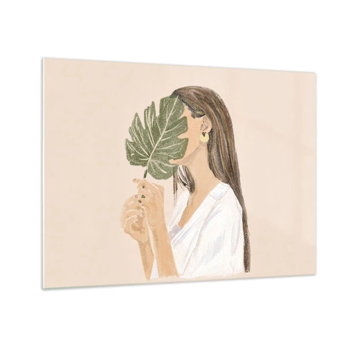 Quadro em vidro - Uma mulher de cabelos longos segurando uma folha na frente do rosto. - 70x50cm - Retrato misterioso com uma adepta - Decoração de parede moderna para a sala de estar e quarto ARTTOR