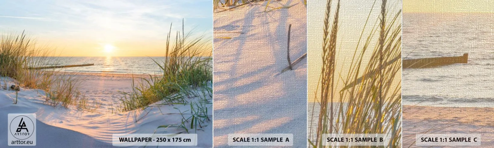 Amostra de papel de parede Premium Canvas - O som do mar, o canto dos pássaros, a praia selvagem entre a relva... - Paisagem, Mar, Dunas - 100x30 cm