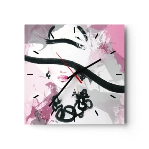 Relógio de parede - Relógio em vidro - Retrato de uma dama a preto e rosa - 40x40 cm