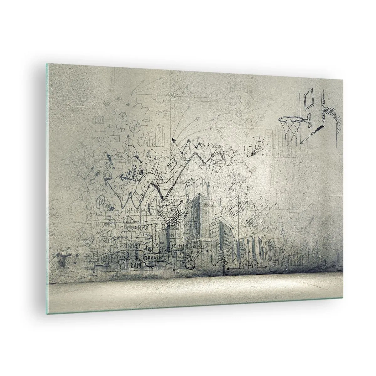 Quadro em vidro - Esboço gráfico com elementos comerciais e criativos - 70x50cm - Minha vida maravilhosa na cidade - Decoração de parede moderna para a sala de estar e quarto ARTTOR