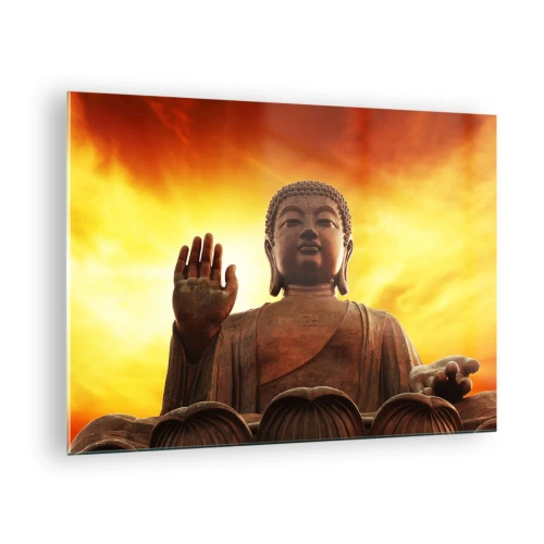 Quadro em vidro - Uma estátua de Buda tendo como pano de fundo um pôr do sol dourado - 70x50cm - Paz do mundo - Decoração de parede moderna para a sala de estar e quarto ARTTOR