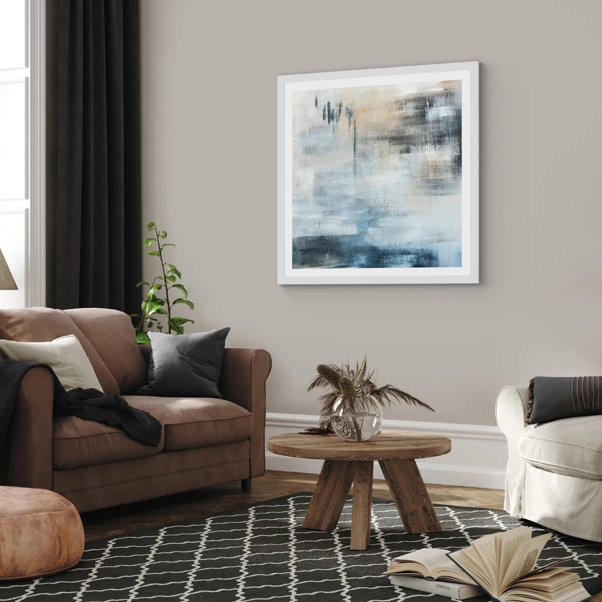 Pôster em moldura branca - Atrás da cortina azul - 30x30 cm