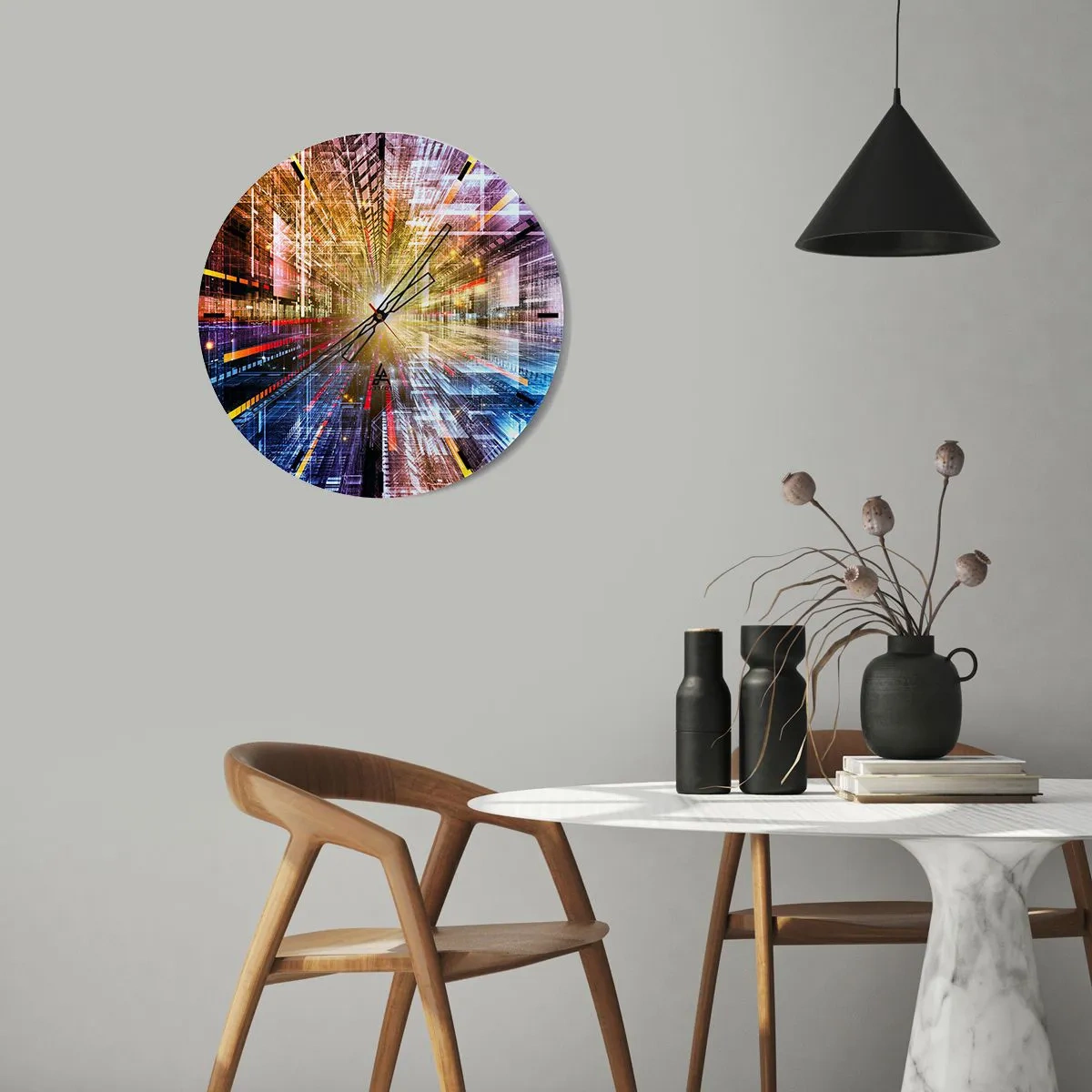 Relógio de parede - Relógio em vidro - Uma visão abstrata da cidade com efeitos de luz e cores - 30x30cm - Corredor de luz - Decoração de parede moderna para a sala de estar, cozinha e quarto ARTTOR