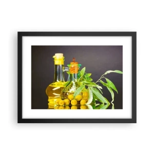 Pôster com moldura preta - Natureza morta com azeitonas e azeite - 40x30 cm