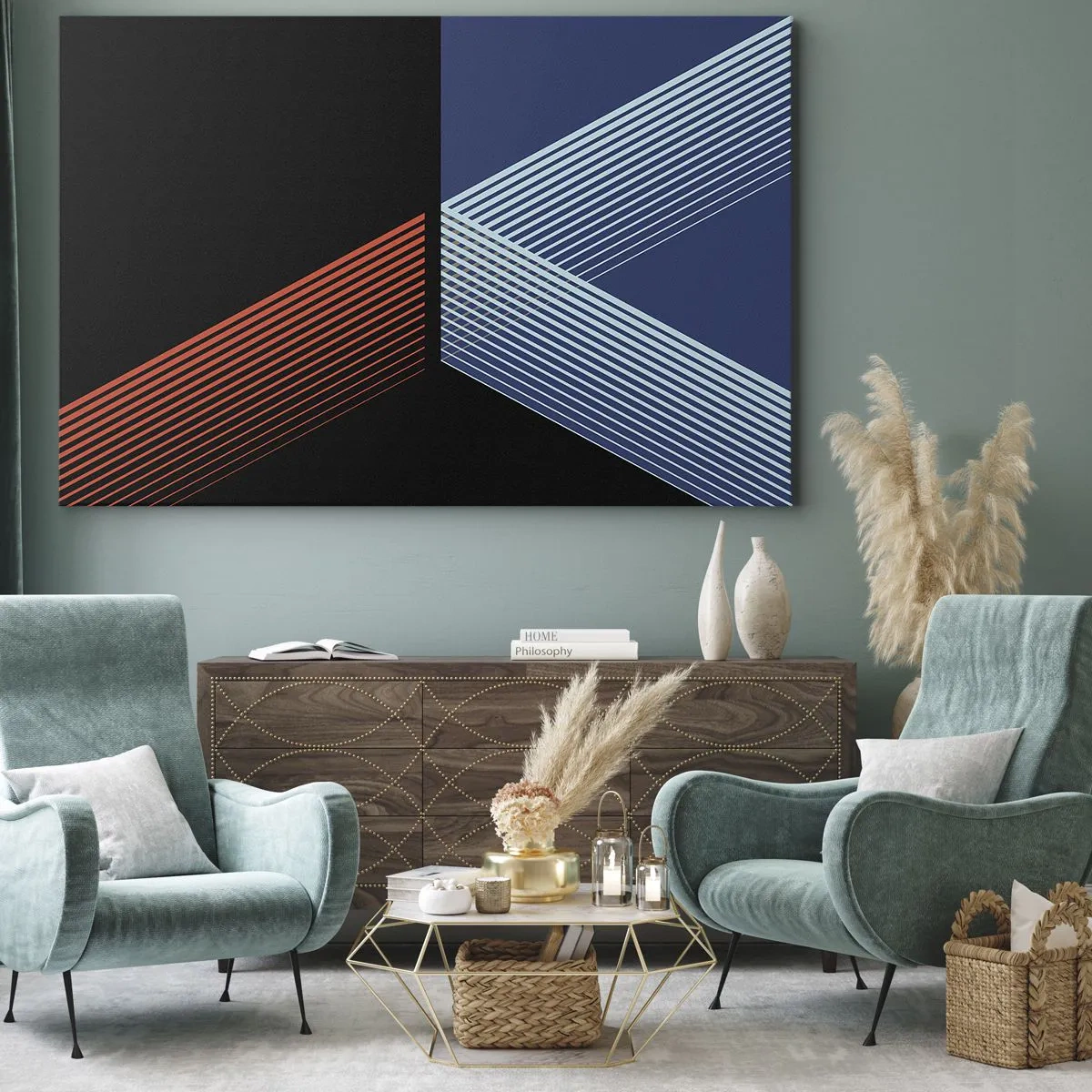 Quadro em tela - Linhas geométricas em tons de vermelho e azul - 70x50cm - Uma história simples - Decoração de parede moderna para a sala de estar e quarto ARTTOR