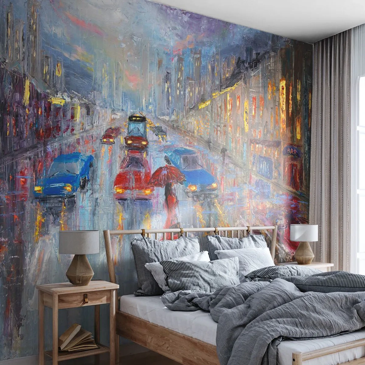 Papel de Parede Autocolante Deluxe Sticker - Tarde chuvosa na cidade - Cidade, Arquitetura, Caminhada na chuva - 150x105 cm