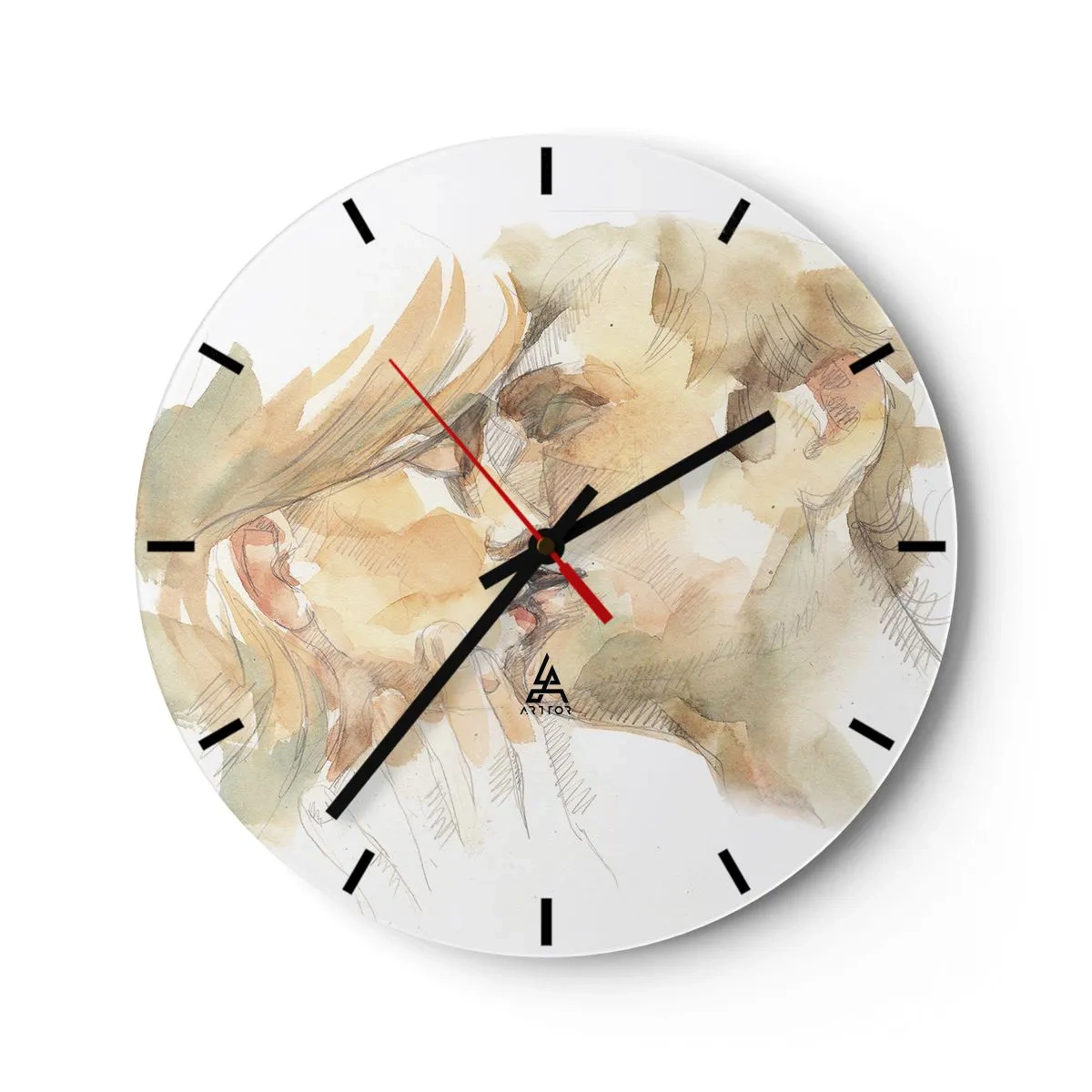 Relógio de parede - Relógio em vidro - Um retrato em aquarela em tons pastéis de um casal se beijando - 30x30cm - A outra metade foi encontrada? - Decoração de parede moderna para a sala de estar, cozinha e quarto ARTTOR
