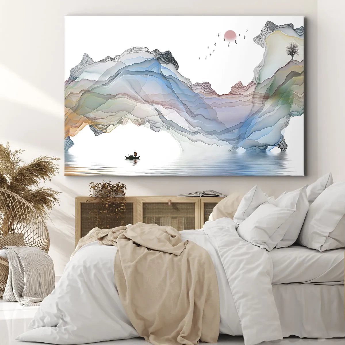 Quadro em tela - Uma paisagem sutil com montanhas, água e um barco - 70x50cm - Em direção às montanhas de cristal - Decoração de parede moderna para a sala de estar e quarto ARTTOR