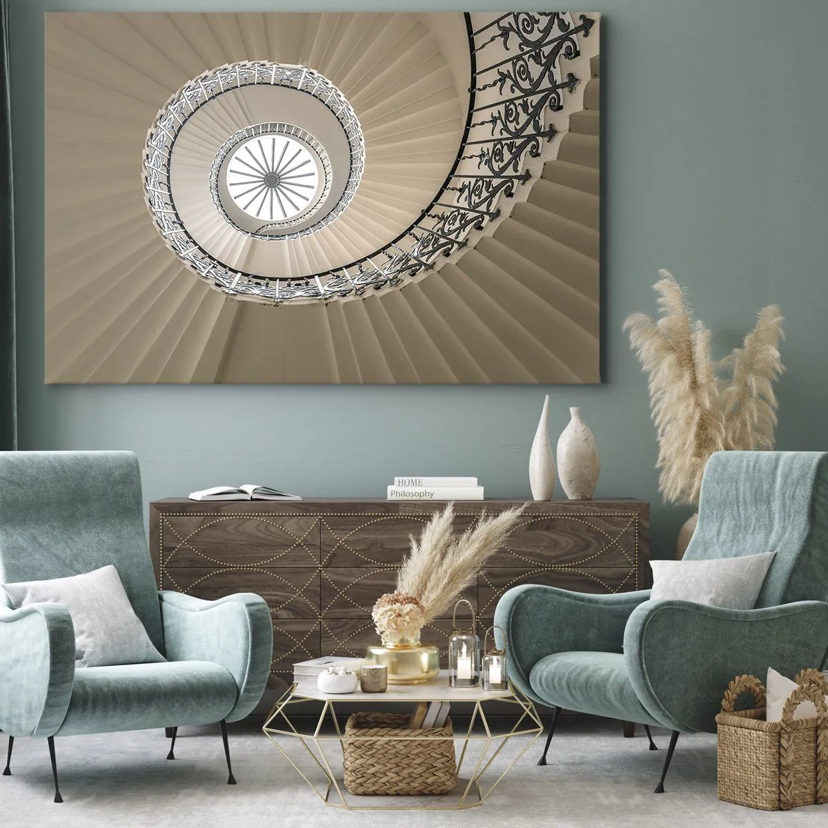 Quadro em tela - Escada em espiral com uma abordagem geométrica elegante - 70x50cm - Dentro da casca - Decoração de parede moderna para a sala de estar e quarto ARTTOR
