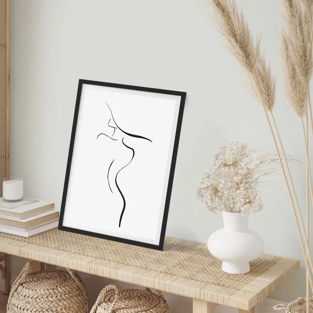 Pôster com moldura preta - Uma silhueta minimalista de uma mulher desenhada com uma linha preta. - 50x70cm - Elusiva como uma onda - Decoração de parede moderna para a sala de estar e quarto ARTTOR