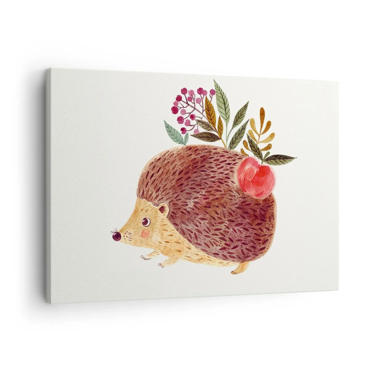 Quadro em tela - Um ouriço fofo com uma maçã e plantas em estilo ilustrativo - 70x50cm - Já gostas de mim - Decoração de parede moderna para a sala de estar e quarto ARTTOR