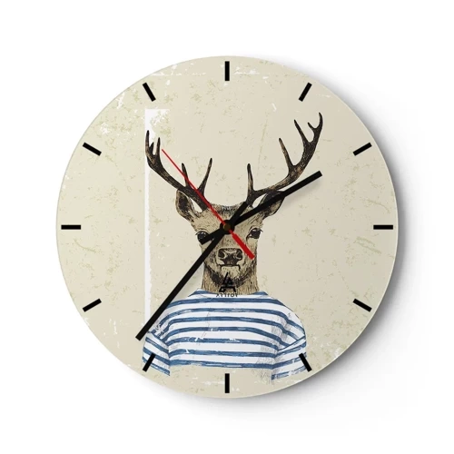 Relógio de parede - Relógio em vidro - Um veado de desenho animado em roupas listradas sobre um fundo bege - 30x30cm - Porque eu gosto de camisas listradas! - Decoração de parede moderna para a sala de estar, cozinha e quarto ARTTOR
