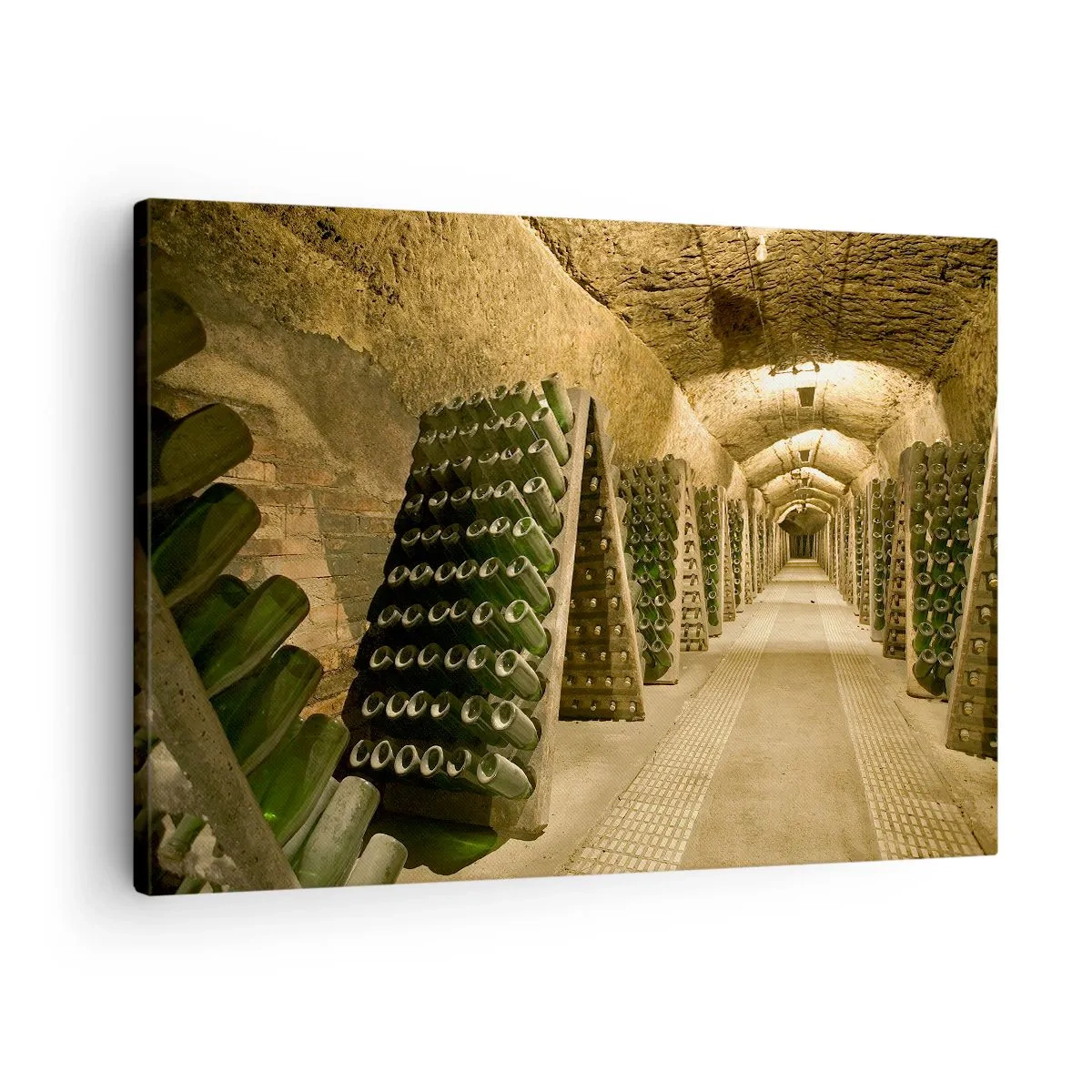 Quadro em tela - Um vinhedo com uma adega cheia de garrafas de vinho expostas em prateleiras de madeira. - 70x50cm - O nascimento do sabor - Decoração de parede moderna para a sala de estar e quarto ARTTOR