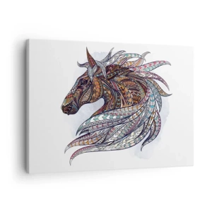 Quadro em tela - Um cavalo geométrico com uma crina colorida e detalhada - 70x50cm - Corcel do guerreiro celta - Decoração de parede moderna para a sala de estar e quarto ARTTOR