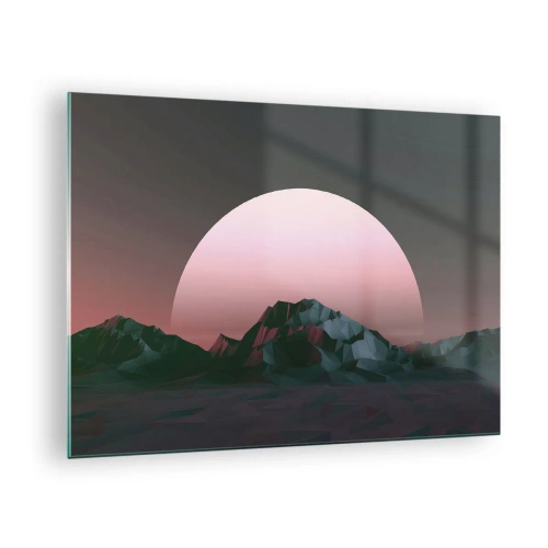 Quadro em vidro - Paisagem abstrata com montanhas geométricas e um sol rosa. - 70x50cm - Numa galáxia vizinha - Decoração de parede moderna para a sala de estar e quarto ARTTOR