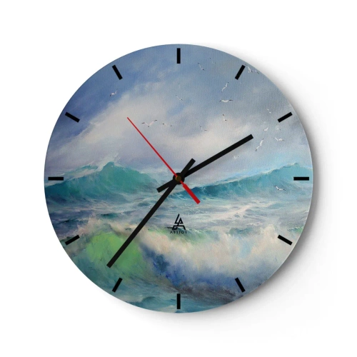 Relógio de parede - Relógio em vidro - Uma imagem de ondas do mar com gaivotas em um céu azul - 30x30cm - O vento uivava triunfalmente… - Decoração de parede moderna para a sala de estar, cozinha e quarto ARTTOR