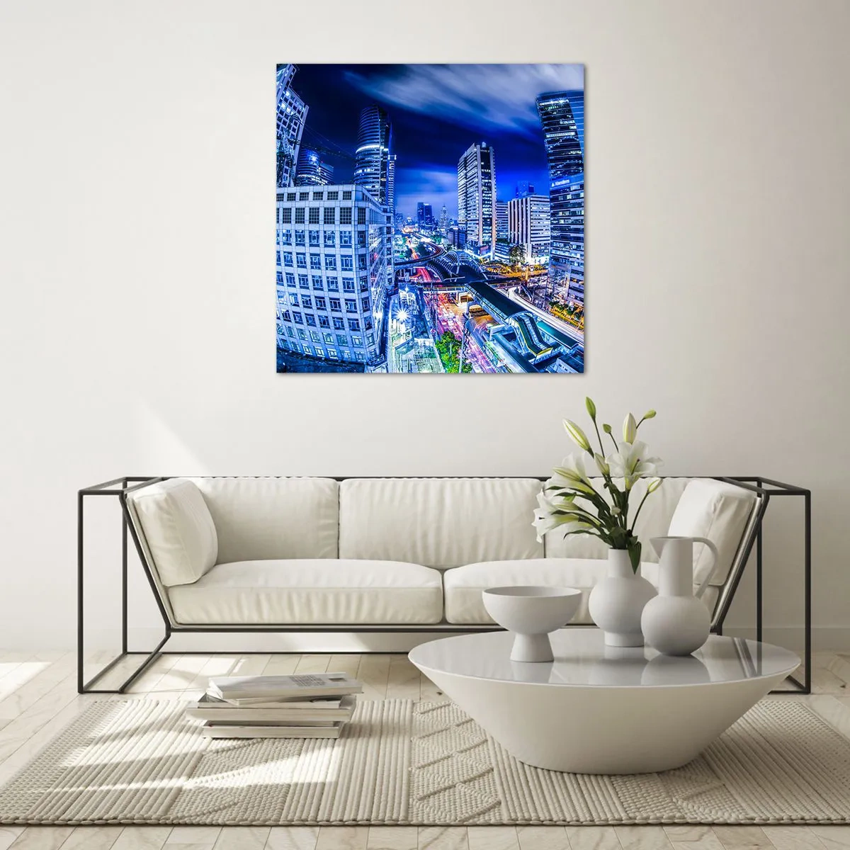 Quadro em vidro - Ritmos da cidade noturna - 40x40 cm