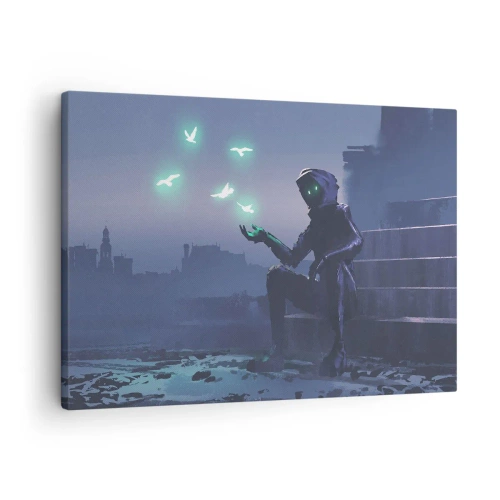 Quadro em tela - Uma figura encapuzada com pássaros mágicos no fundo de uma cidade - 70x50cm - A vida vai voltar - Decoração de parede moderna para a sala de estar e quarto ARTTOR