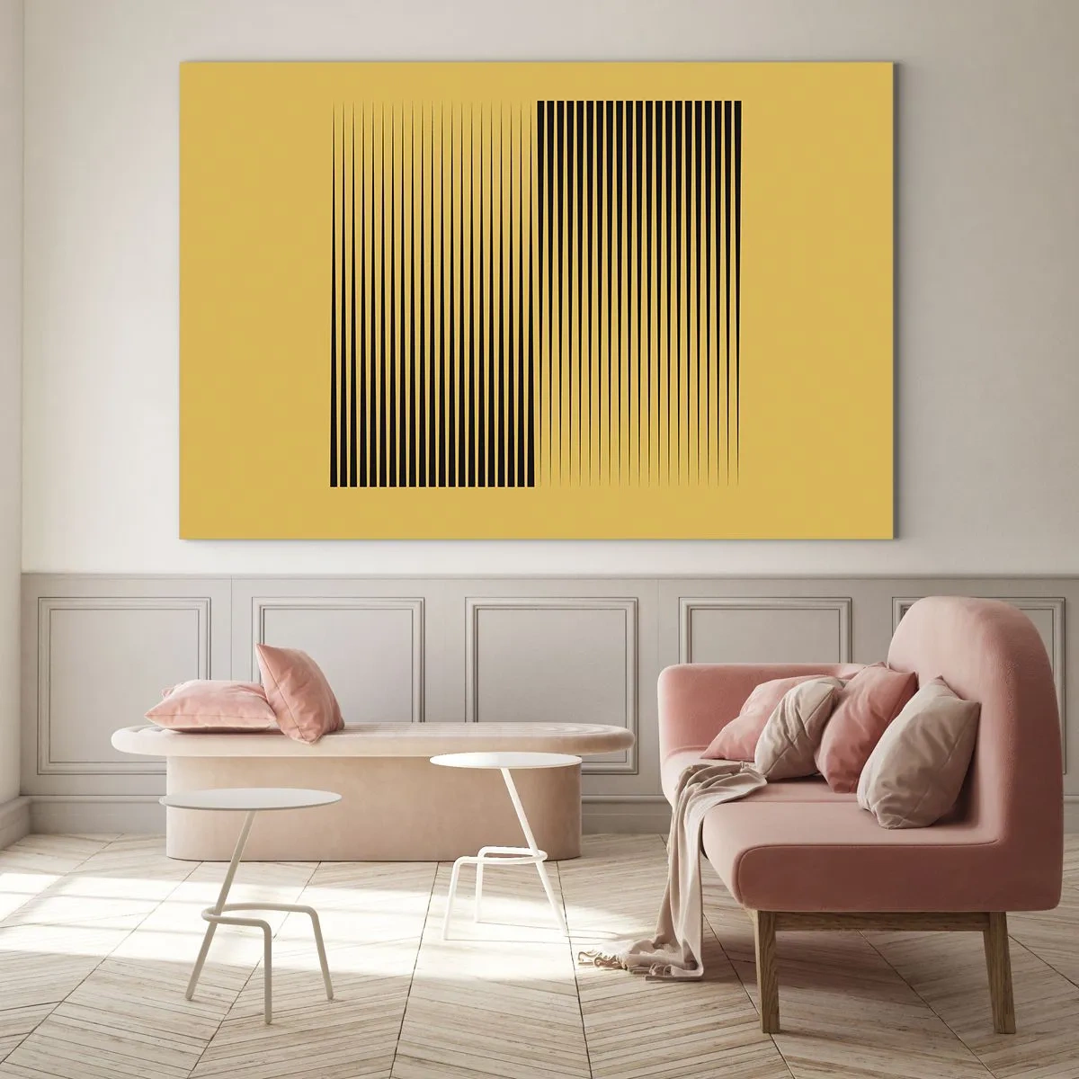 Quadro em vidro - Linhas verticais pretas criam uma ilusão geométrica - 70x50cm - Quadratura de opostos - Decoração de parede moderna para a sala de estar e quarto ARTTOR
