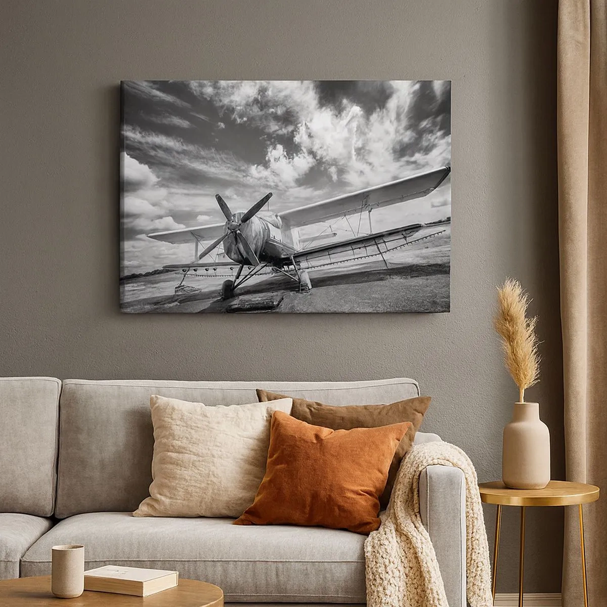 Quadro em tela - Um avião velho no aeroporto em preto e branco - 70x50cm - Mal posso esperar! - Decoração de parede moderna para a sala de estar e quarto ARTTOR