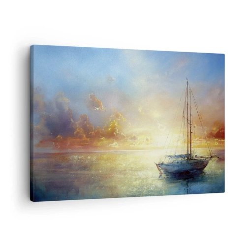 Quadro em tela - Um iate em um mar calmo ao pôr do sol - 70x50cm - Na baía dourada - Decoração de parede moderna para a sala de estar e quarto ARTTOR