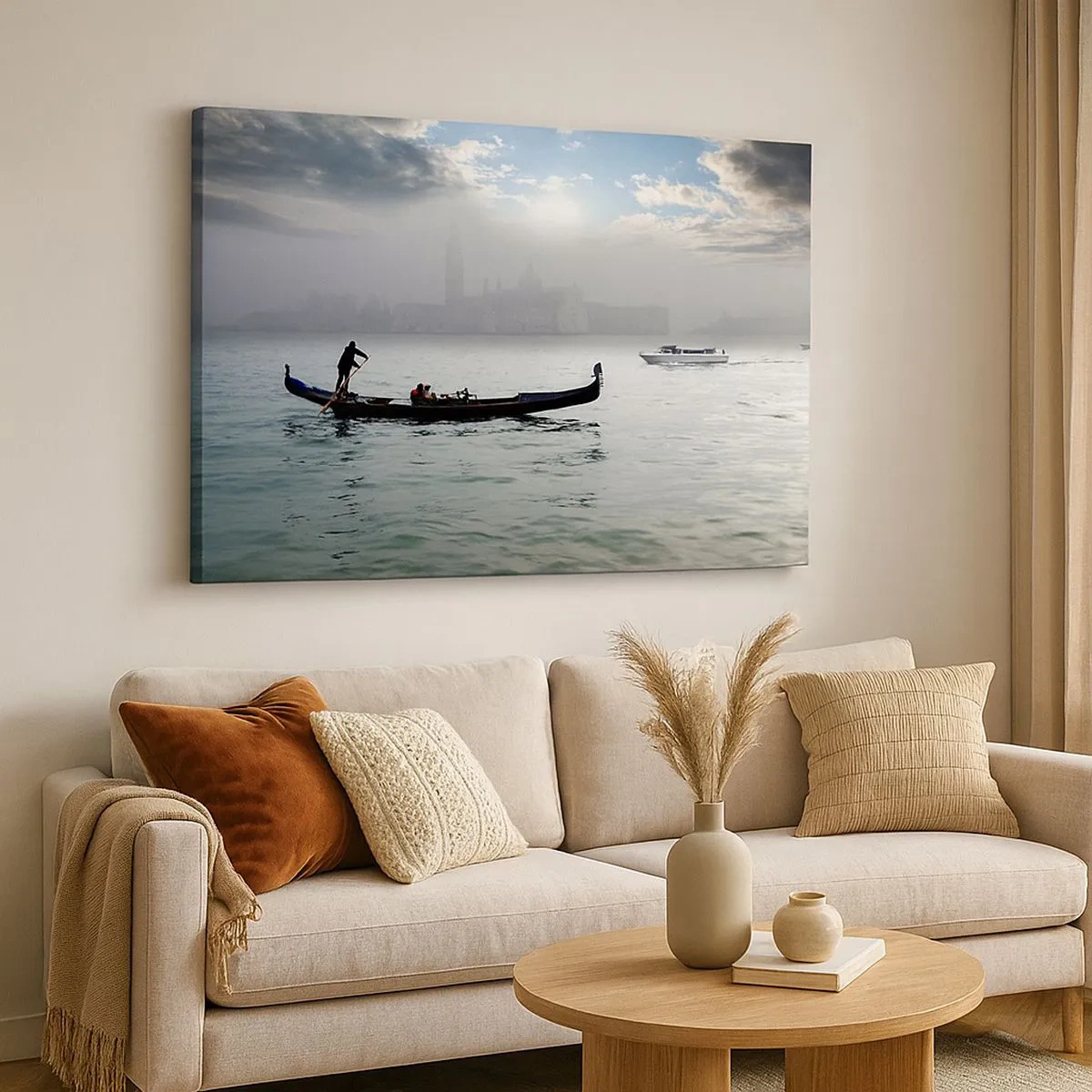 Quadro em tela - Uma gôndola desliza pelas águas de Veneza em uma manhã de neblina, com vista para a cidade. - 70x50cm - Uma cidade fabulosa feita de água e nevoeiro - Decoração de parede moderna para a sala de estar e quarto ARTTOR