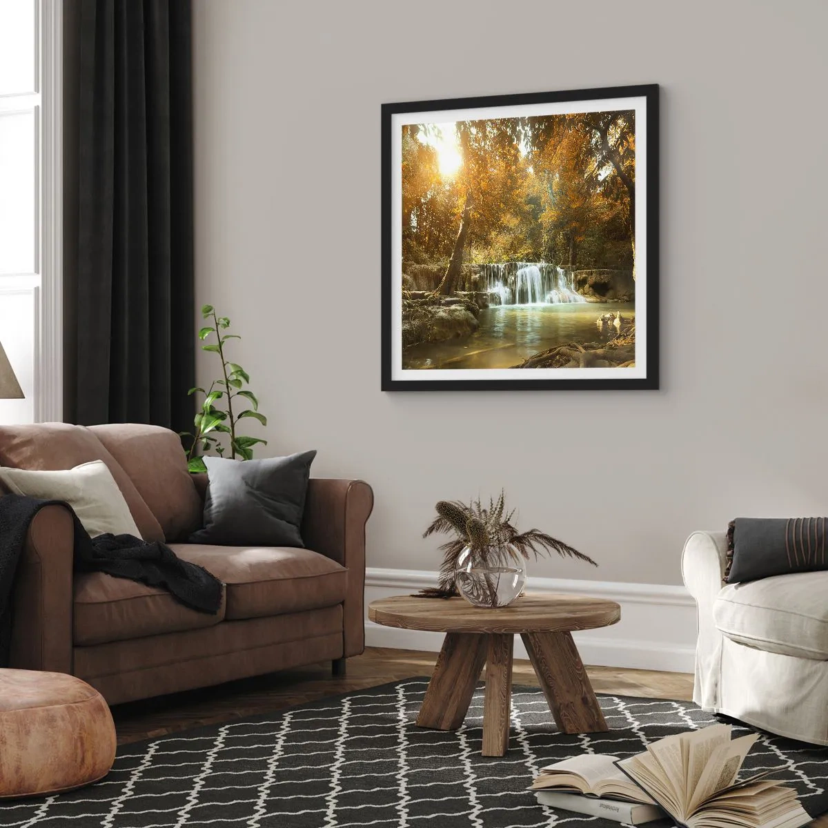 Pôster com moldura preta - A cascata do parque - 60x60 cm