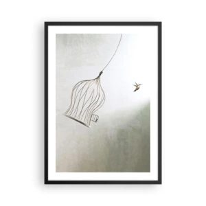 Pôster com moldura preta - Um pássaro saindo da gaiola em estilo minimalista. - 50x70cm - Enfim a liberdade - Decoração de parede moderna para a sala de estar e quarto ARTTOR