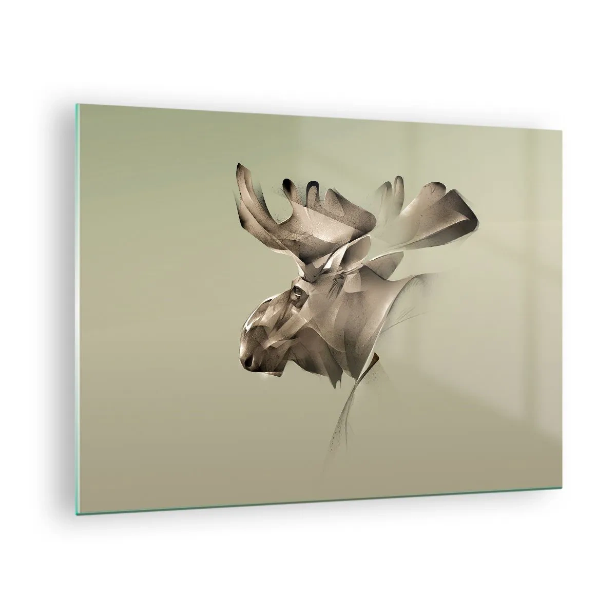 Quadro em vidro - Uma imagem moderna de um alce em um fundo verde - 70x50cm - O poder suave da calma - Decoração de parede moderna para a sala de estar e quarto ARTTOR
