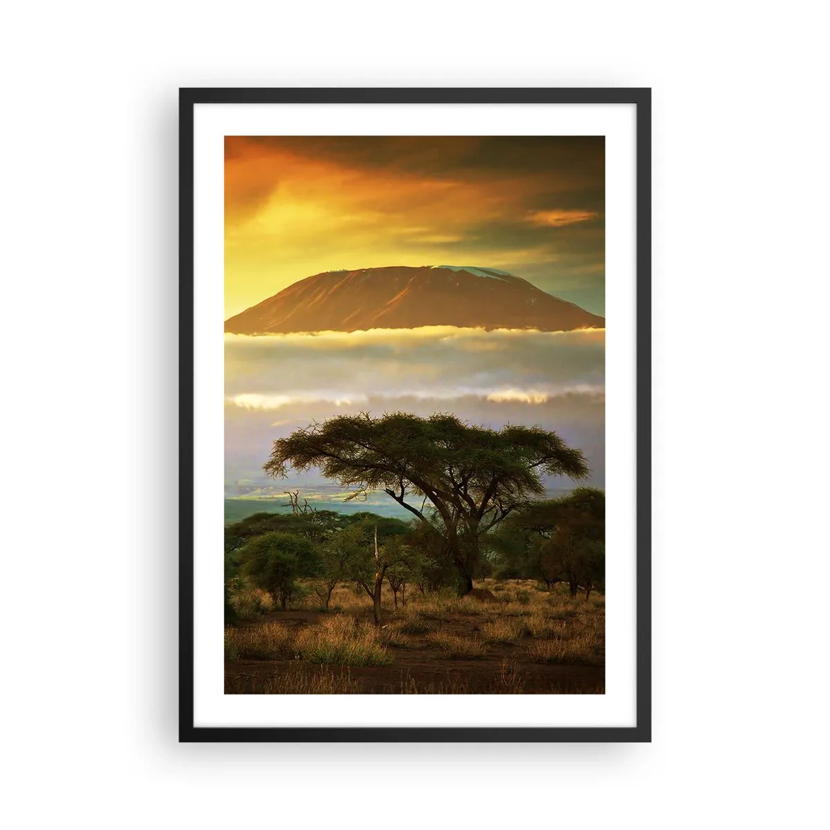 Pôster com moldura preta - Kilimanjaro ao pôr do sol na savana africana - 50x70cm - O sonho do viajante - Decoração de parede moderna para a sala de estar e quarto ARTTOR