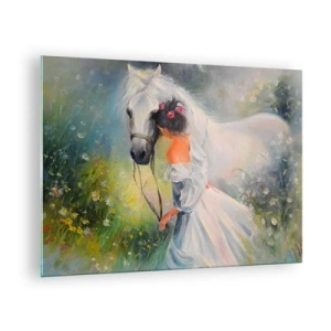 Quadro em vidro - Uma mulher de vestido branco com um cavalo branco em um prado cheio de flores. - 70x50cm - Como um belo sonho - Decoração de parede moderna para a sala de estar e quarto ARTTOR