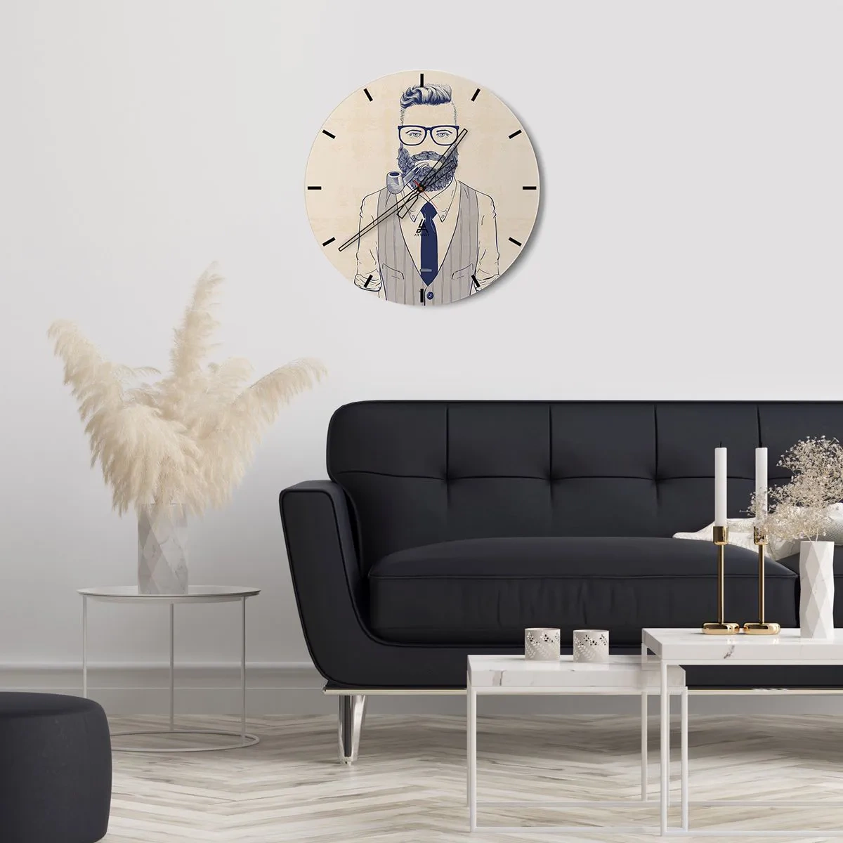 Relógio de parede - Relógio em vidro - Imagem hipster de um homem barbudo com um cachimbo - 30x30cm - Alegre, masculino e elegante - Decoração de parede moderna para a sala de estar, cozinha e quarto ARTTOR